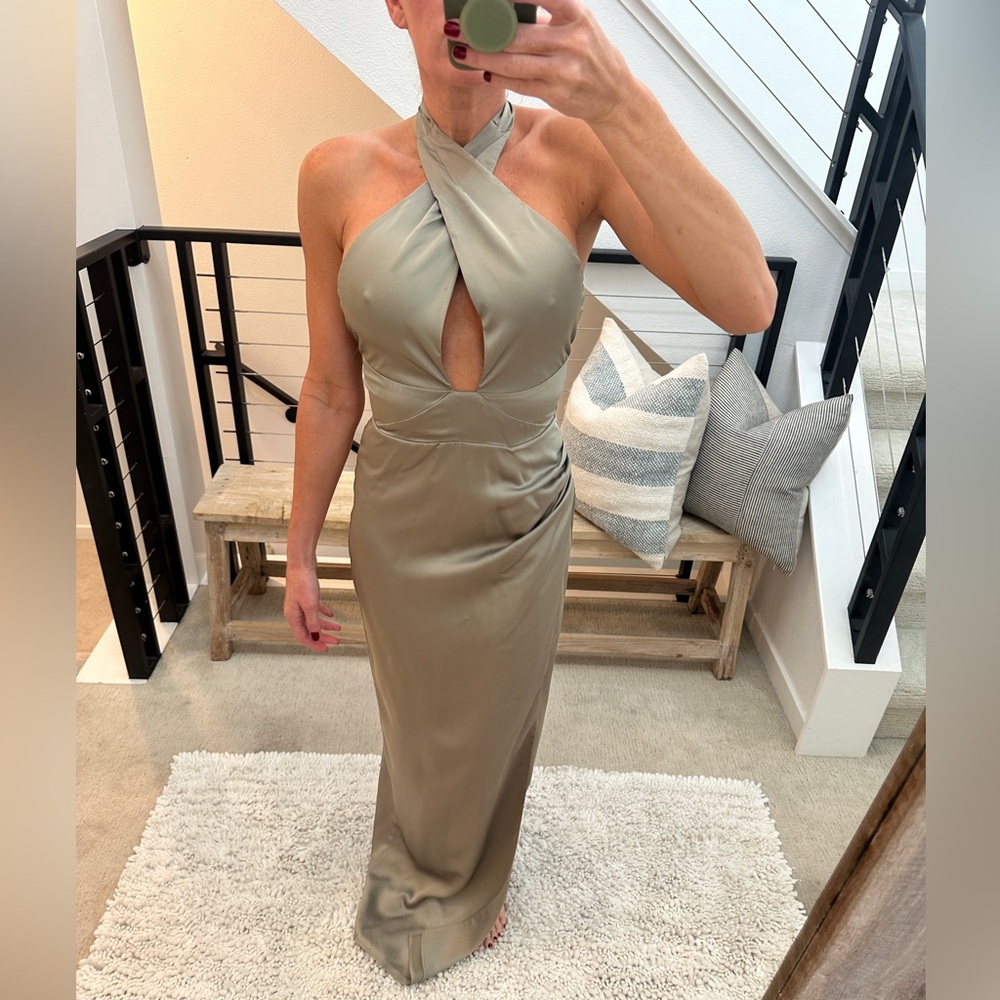 Show Me Your Mumu Adele Halter Maxi Dress Moss Green Satin | Size S - Picture 6 of 17